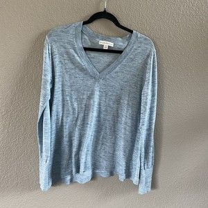 White + Warren Lightweight V-Neck Sweater Size Medium Heathered Blue Cotton